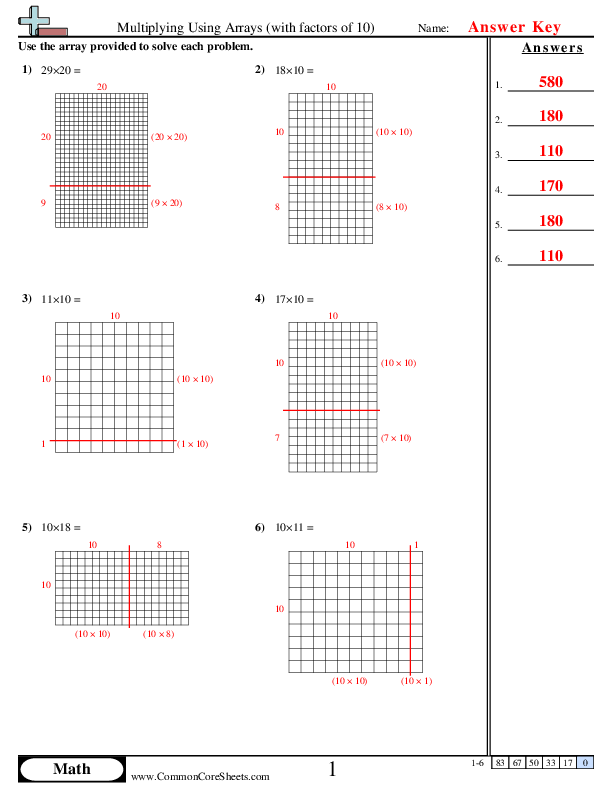  - Multiplying using Arrays (with factors of 10) worksheet
